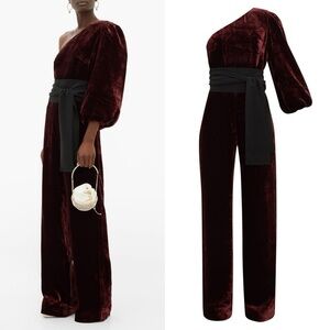 SALONI Lily One Shoulder Velvet Jumpsuit Red Sz 2 US